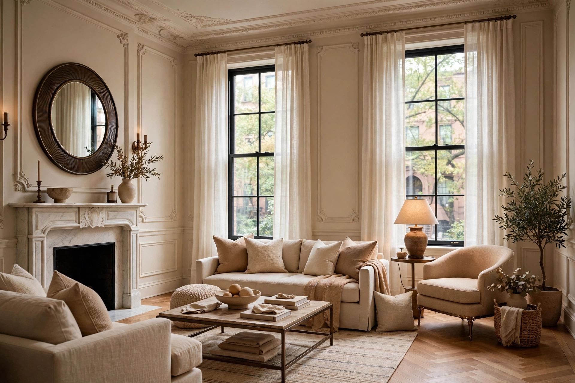 A Park Slope parlor with tall windows and original plasterwork
