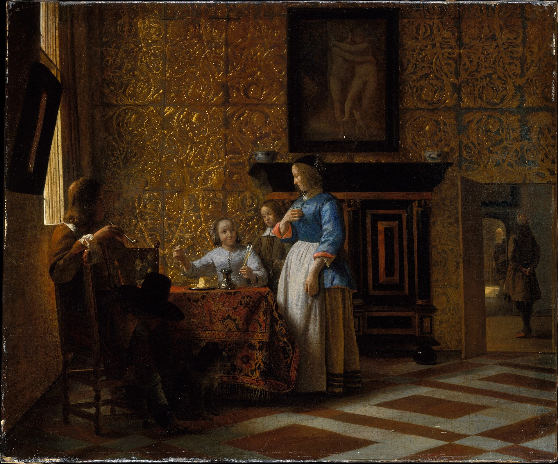 A grand parlor with gilded walls and tall windows