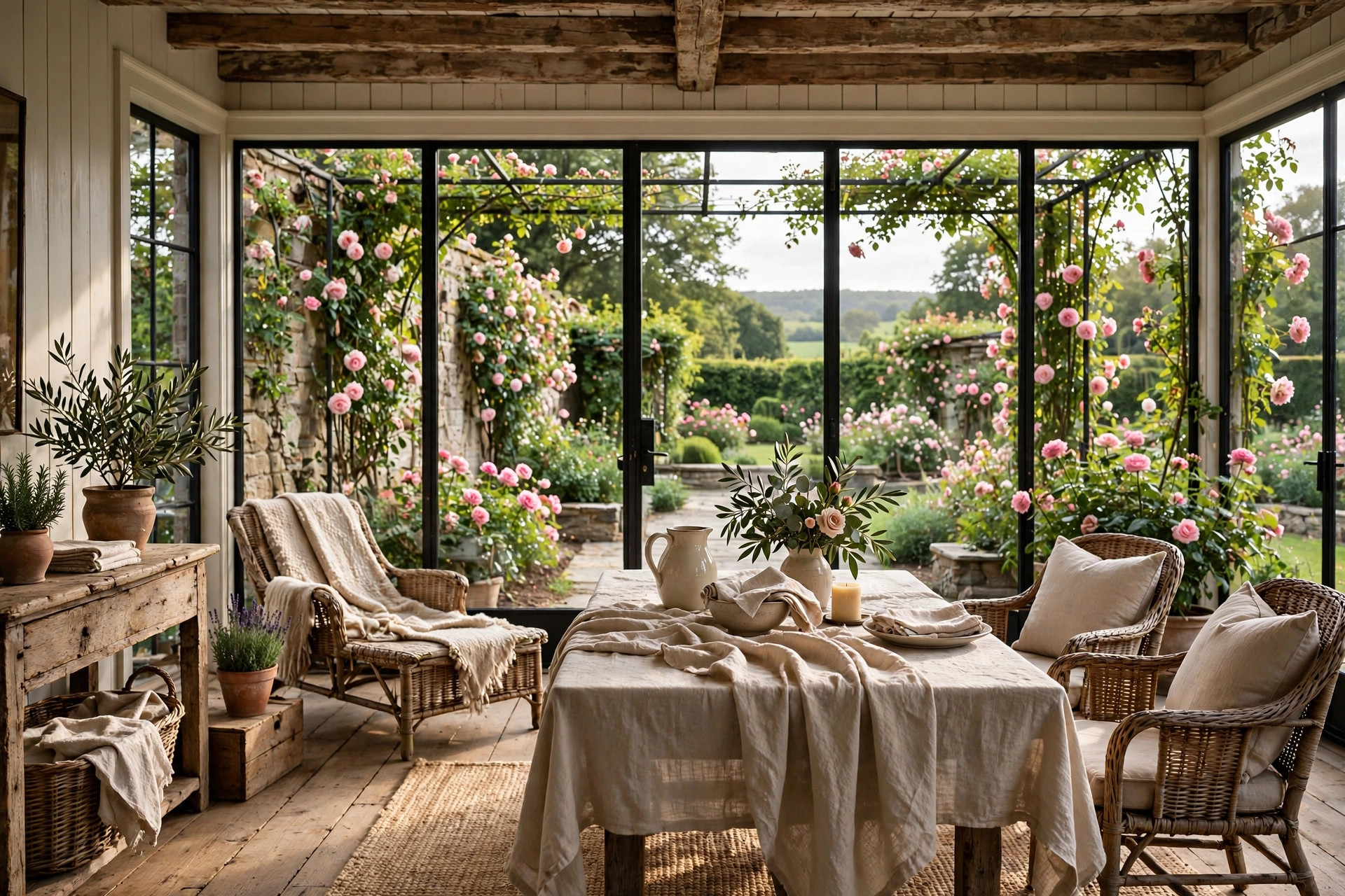 A garden room looking onto the rose gardens