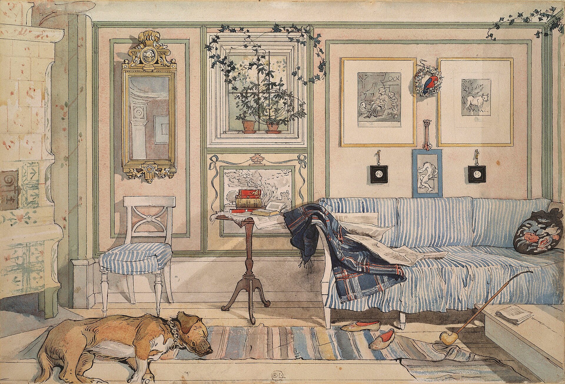A sunlit keeping room painted in watercolor, every object in its place