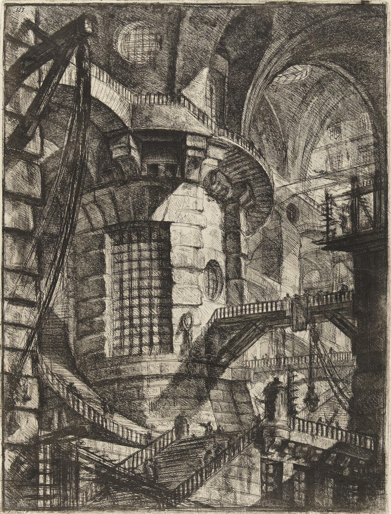 Dramatic architectural etching of a tower interior