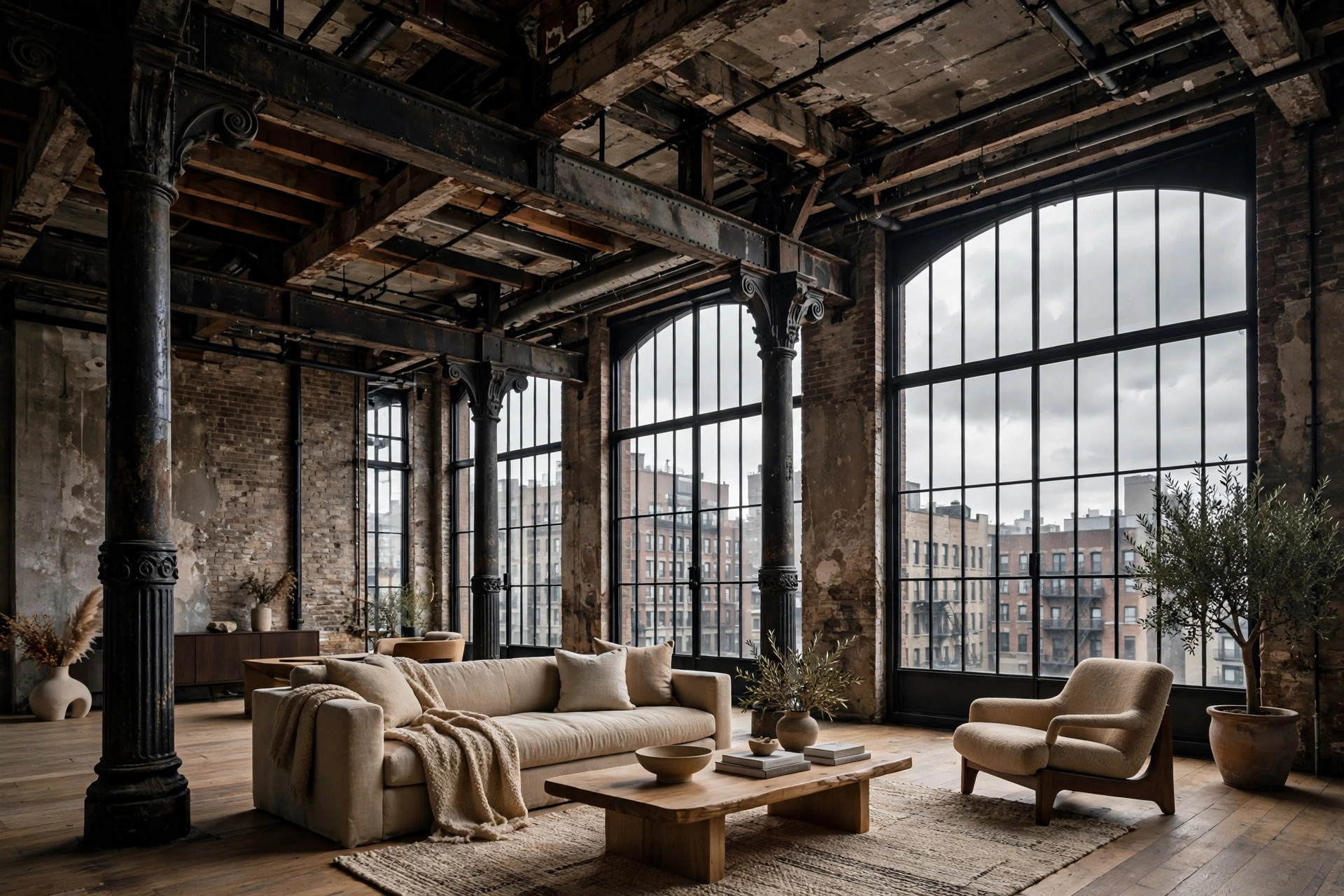 A Tribeca loft interior with cast-iron columns and steel windows